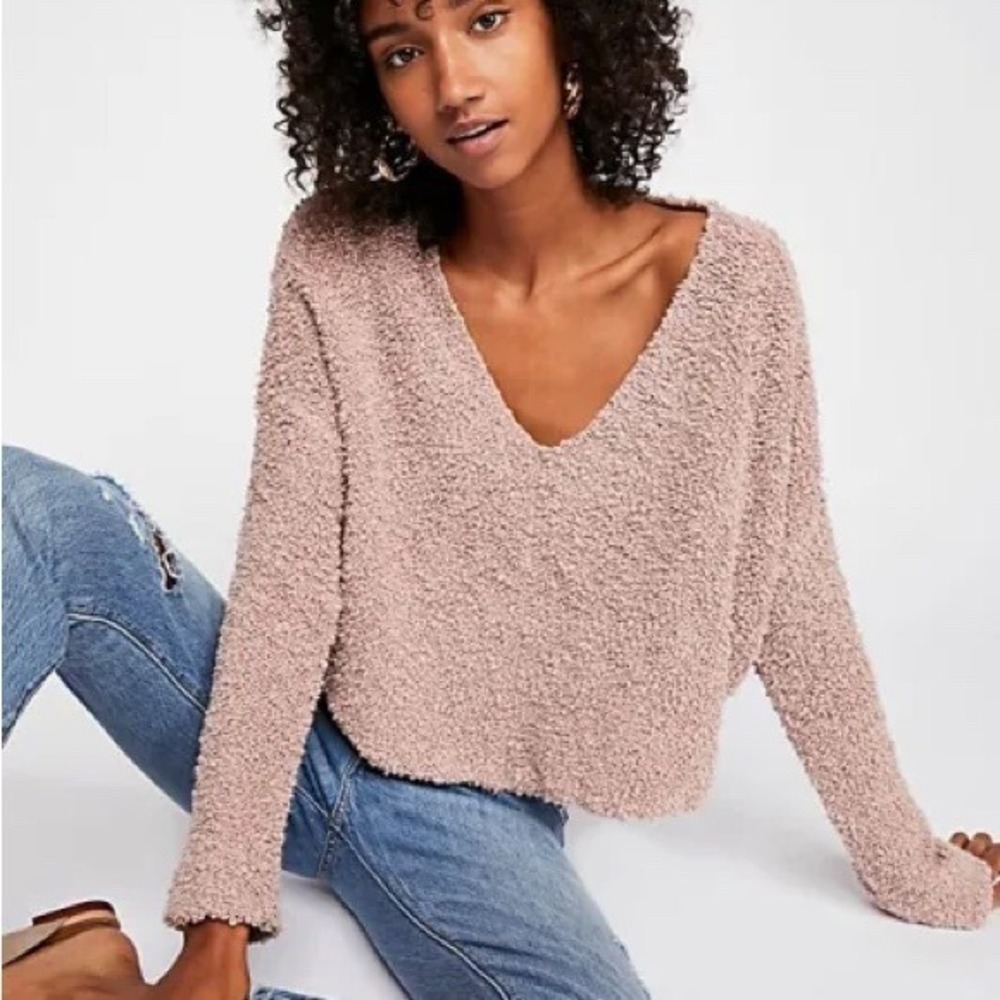 Free People Popcorn Pullover V-Neck Boxy Sweater In Mauve Pink Sz XS Boho Casual